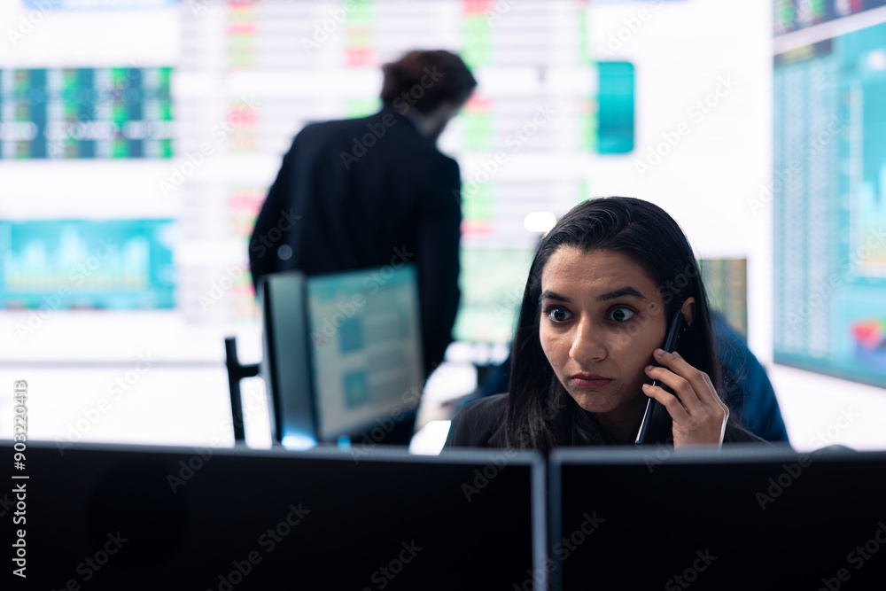 Poster business associate presents daily tasks order to enterprise administrator, discussing on phone call 