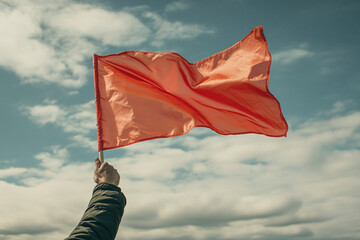 Photograph of a Hand Holding a Red Flag: A hand raising a red flag, symbolizing warning or risk.