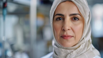 A close-up portrait of a middle-aged Arab female scientist