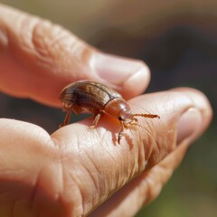 Obraz premium Close-Up View of a Beetle Held in a Person's Hand During Daylight Outdoors