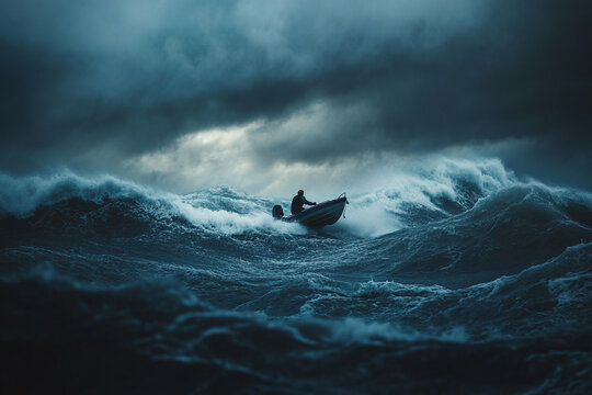 Photograph of a Person Sailing in Stormy Waters: A person navigating a small boat through rough and stormy seas.
