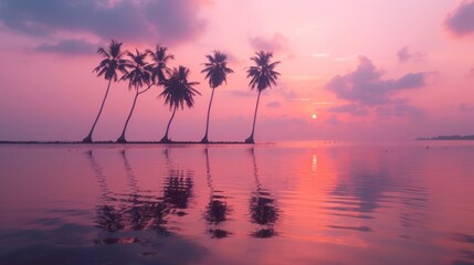 Silhouetted Palm Trees Reflecting in Pink Sunset Water