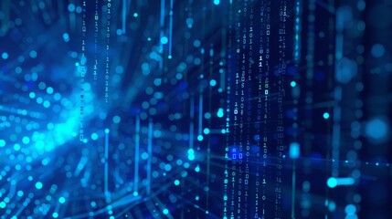 A soft blue light envelops the tech-themed background, with abstract lines and dots twinkling, giving it a modern and sophisticated feel.