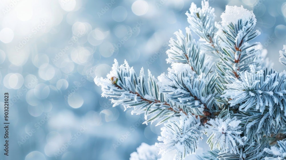Poster close up of frosted pine branch in winter setting with space for text