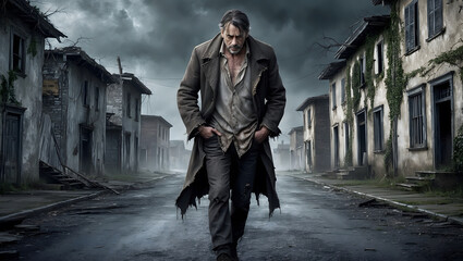 Lonely Man Walking Through Abandoned Urban Area on a Gloomy Day