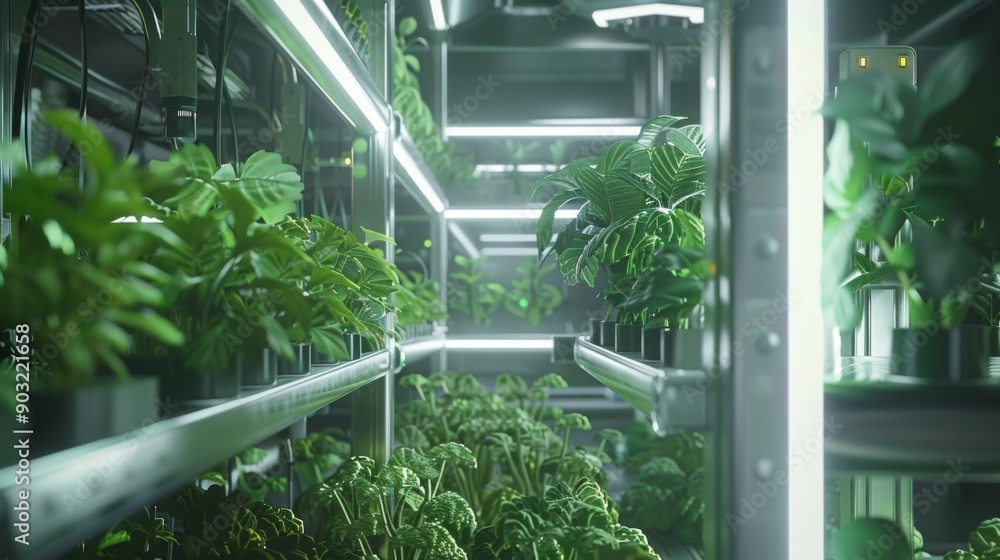 Poster a view down the rows of a vertical farm, with green plants growing under artificial lights. the shel