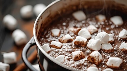 A rich hot chocolate with marshmallows in a saucepan, creating a sweet and comforting image that evokes cozy feelings, with the fluffiness of marshmallows adding visual appeal.