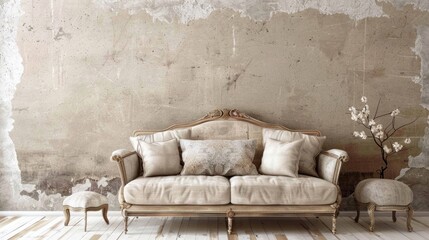 Traditional Wall. French Country Living Room with Sofa and Armchair. Interior Home Decor Design