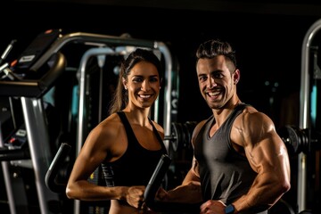 Fit couple at gym  promoting healthy lifestyle and fitness.
