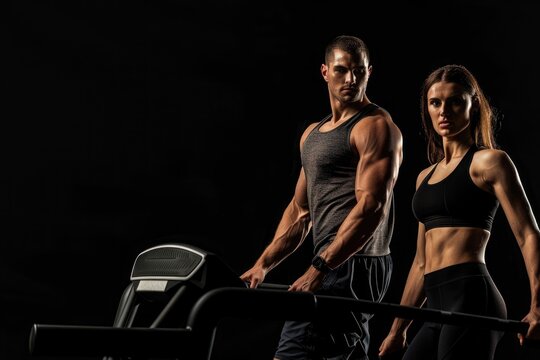 Fit couple at gym promoting healthy lifestyle for sports advertising.