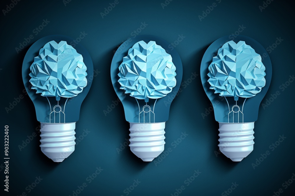 Sticker three blue brain lightbulbs on a dark background symbolizing uniformity in creative thinking