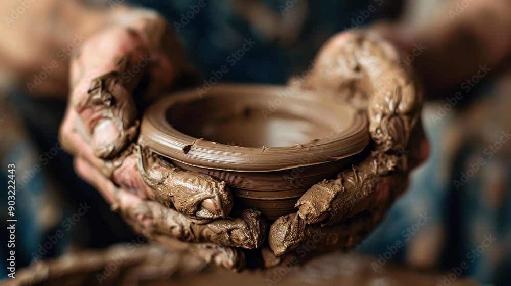 Poster this image highlights sheltered and muddy hands as they mold clay into an undefined shape on a potte