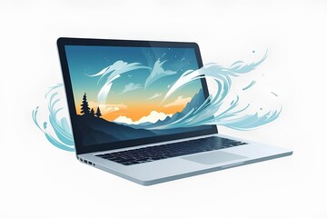 modern laptop displaying a serene sunset scene with clouds, waves, and pine trees, blending technology with nature