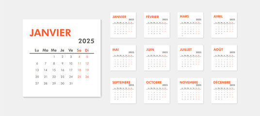 2025 calendar modern on French language. Week starts on Monday