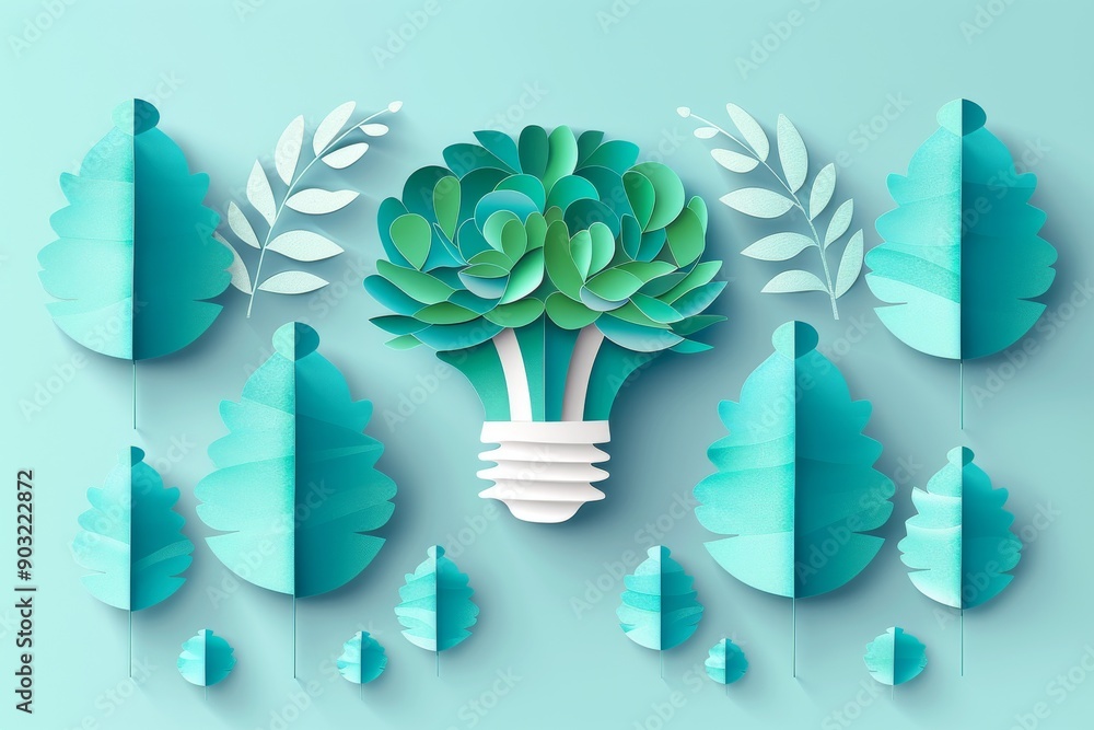 Aufkleber green brain lightbulb with tree patterns on a light teal background symbolizing eco friendly creativ