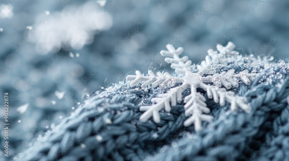 Poster an artistic shot capturing a detailed snowflake on a knitted blue fabric, highlighting the intricate