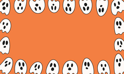 Ghosts on an orange background. Halloween characters are hand drawn. Groovy style. Festive background. Vector illustration.
