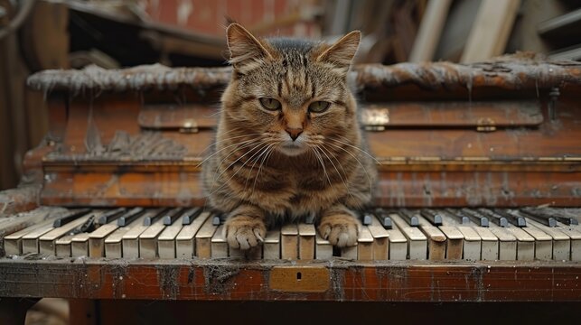 A Tabby Cat Sitting on an Old Piano