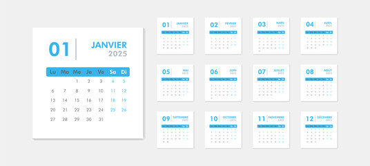 2025 calendar modern classic on French language. Week starts on Monday