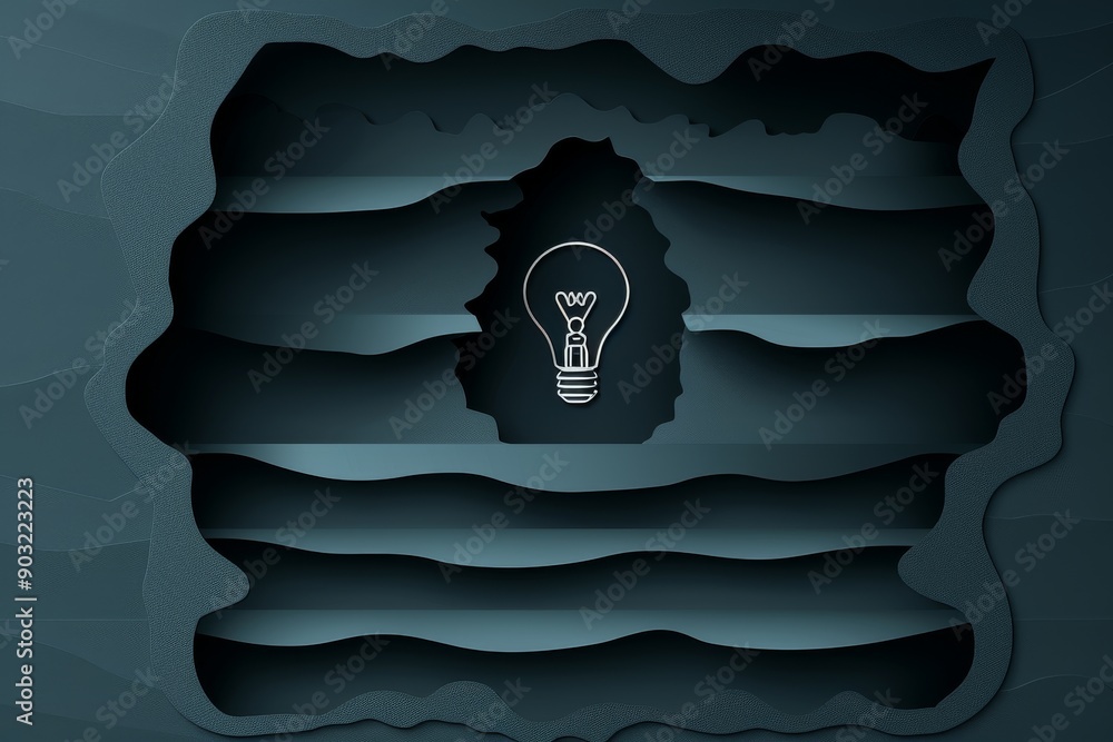 Poster lightbulb in dark layered paper cut out background symbolizing ideas emerging from the depths of dar