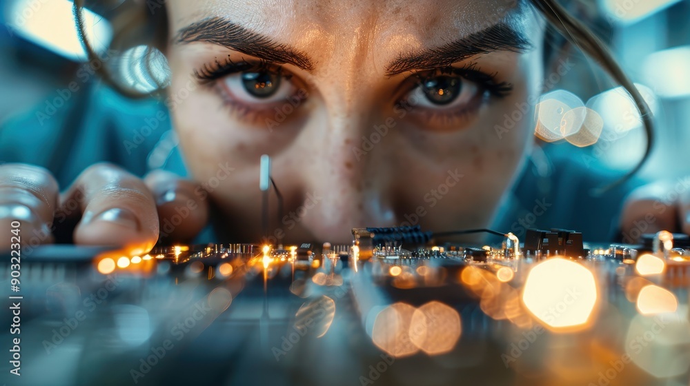 Poster detailed view of a technician working closely on electronic components, focusing on precise wiring, 