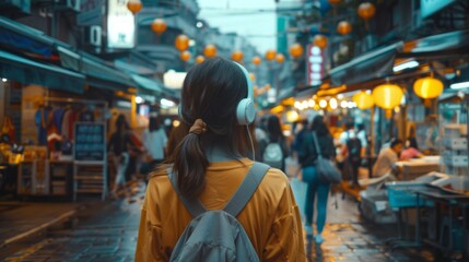 A young woman wearing headphones strolls through a vibrant night market filled with colorful lanterns and bustling activity.