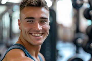 A fit muscular male personal trainer smiling at the camera in a gym, close up