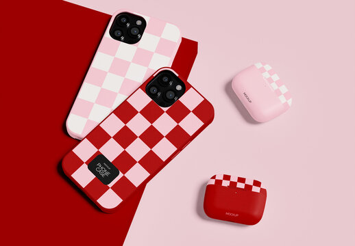 Pair of Phone and Earphone Cases Mockup