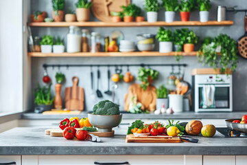 Modern kitchen with concrete countertop, fresh fruits, and stylish appliances in soft focus