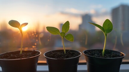 Young plants sprouting in pots by a window, basking in warm sunlight, capturing the beauty of growth and nature.