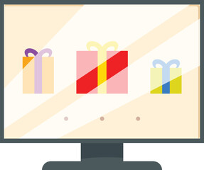 Computer monitor displaying three wrapped presents, illustrating the concept of online shopping for gifts