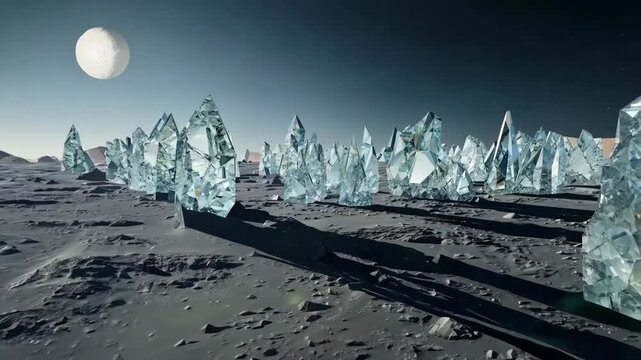 Crystal Formations on Extraterrestrial Moonlit Landscape with Alien Terrain and Night Sky.