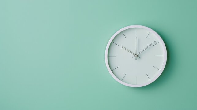 Daylight Saving Time Management. Plain White Clock at Ten O'clock on Pastel Green Background Desk