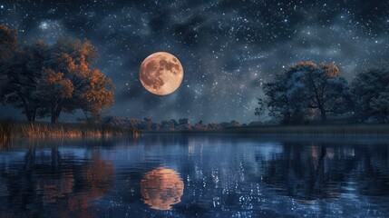 Full Moon Reflection in a Still Lake under a Starry Sky