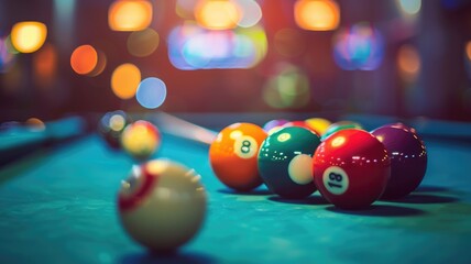 Vibrant billiards table with colorful pool balls under bright lights