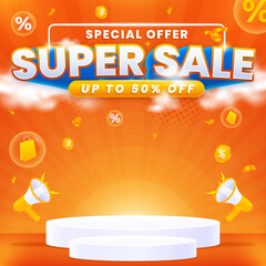 Realistic super sale banner design template with podium isolated on abstract background