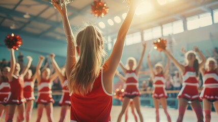 Cheerleaders in red uniforms performing gymnasium