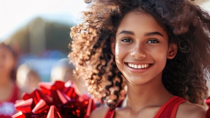 Fototapeta premium Smiling young girl with curly hair holding shiny red pompoms in outdoor setting