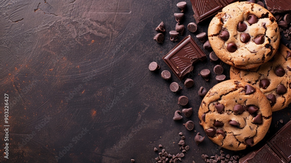 Wall mural Chocolate chip cookies and chocolate pieces on brown surface