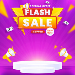 Flash sale square banner template with podium isolated on abstract background