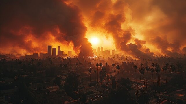 Aerial view of Los Angeles with smoke from a forest fire rising from the mountains the city skyline