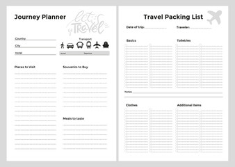 Travel Planner Printable Bullet journal template. Information of destination, transport, dates, and hotel. Places to visit and meals to try. Business Trip and Vacation. Travel Packaging list.