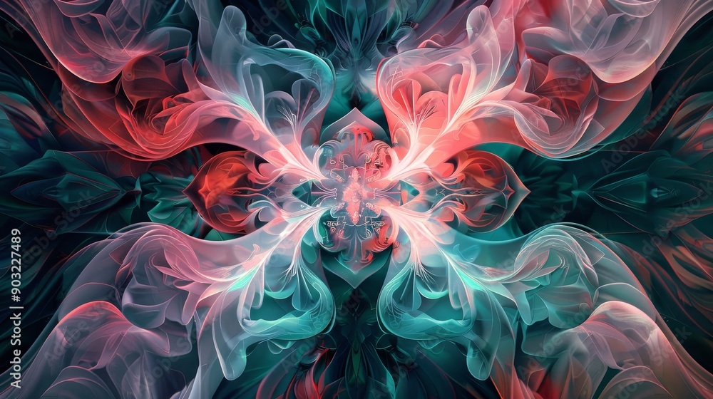Poster vibrant abstract swirls of color with red, blue, and white tones creating intricate patterns