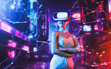 Female stand in virtual reality cyberpunk style building wear VR headset connect metaverse, future cyberspace community technology, She turn body to left crossed arm and confident pose. Hallucination.