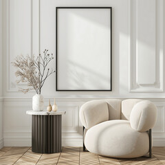 Minimalist corner with a round cream chair, a small side table, and an empty vertical poster frame against paneled white walls, creating a serene and sophisticated interior space