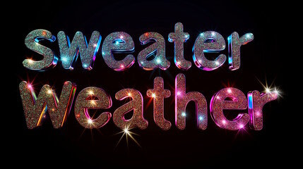 Sweater weather text with glittering letters on a dark background, creating a warm and festive atmosphere, perfect for autumn-themed designs and seasonal promotions, cozy fall concept