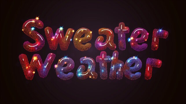 Glittery "Sweater Weather" Text with Sparkling Lights on Dark Background