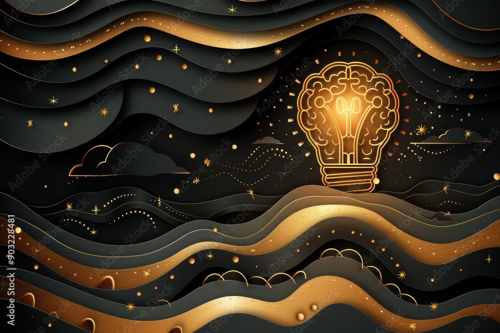 Poster single illuminated brain lightbulb in a dark layered paper cut out design symbolizing deep creative 