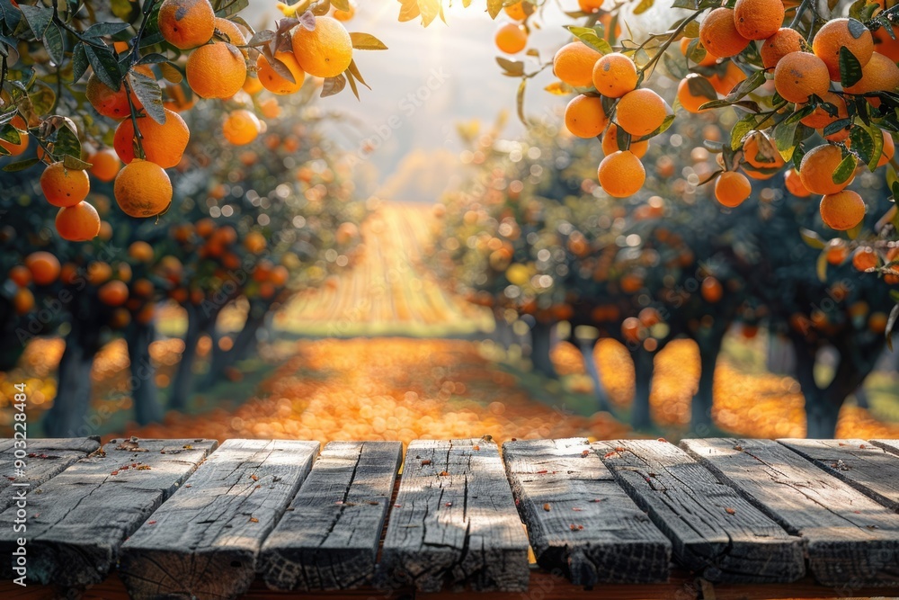 Poster empty wood table with orange tree background for product display.