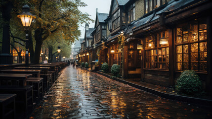 Fototapeta premium traditional pub on a rainy street of an English city, architecture, house, windows, building, England, Great Britain, Scotland, bar, hotel, lights, evening, night, paving stones, European town, puddle